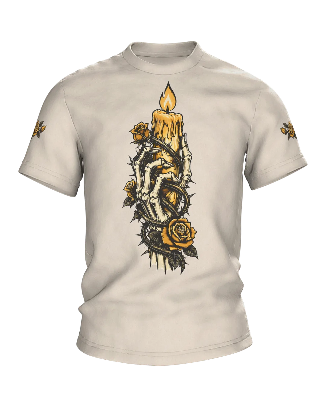 Skeleton Hand with Candle and Roses T-Shirt, Tattoo Flash Style in Black and Gold