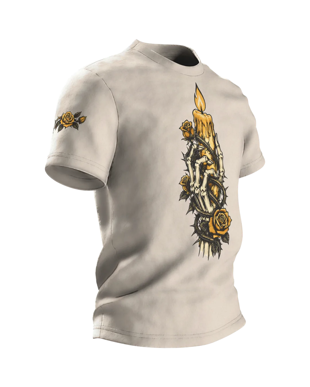Skeleton Hand with Candle and Roses T-Shirt, Tattoo Flash Style in Black and Gold, Side view, left