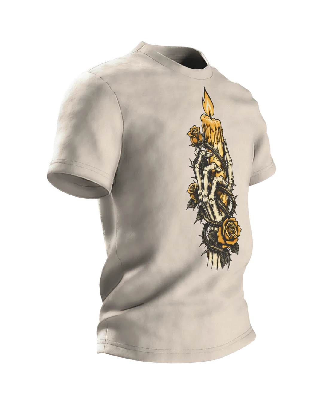 Skelett Hand mit Kerze und Rosen T-Shirt, Tattoo-Flash-Stil in Schwarz und Gold, Seitenansicht links