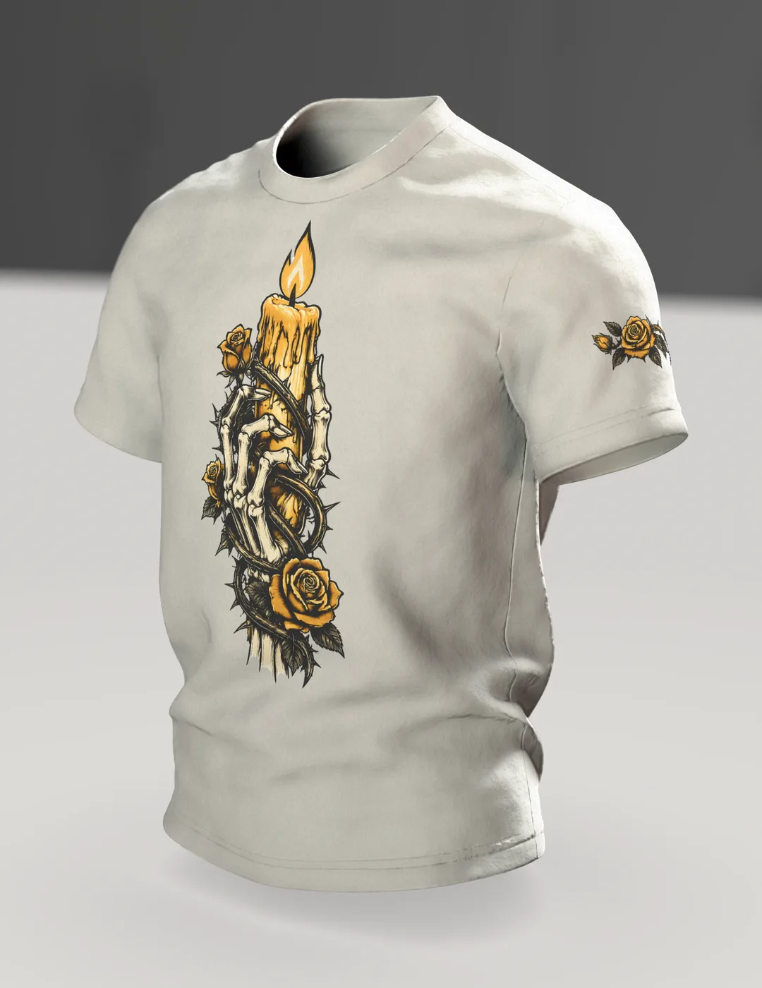 Skeleton Hand with Candle and Roses T-Shirt, Tattoo Flash Style in Black and Gold, In context, angled