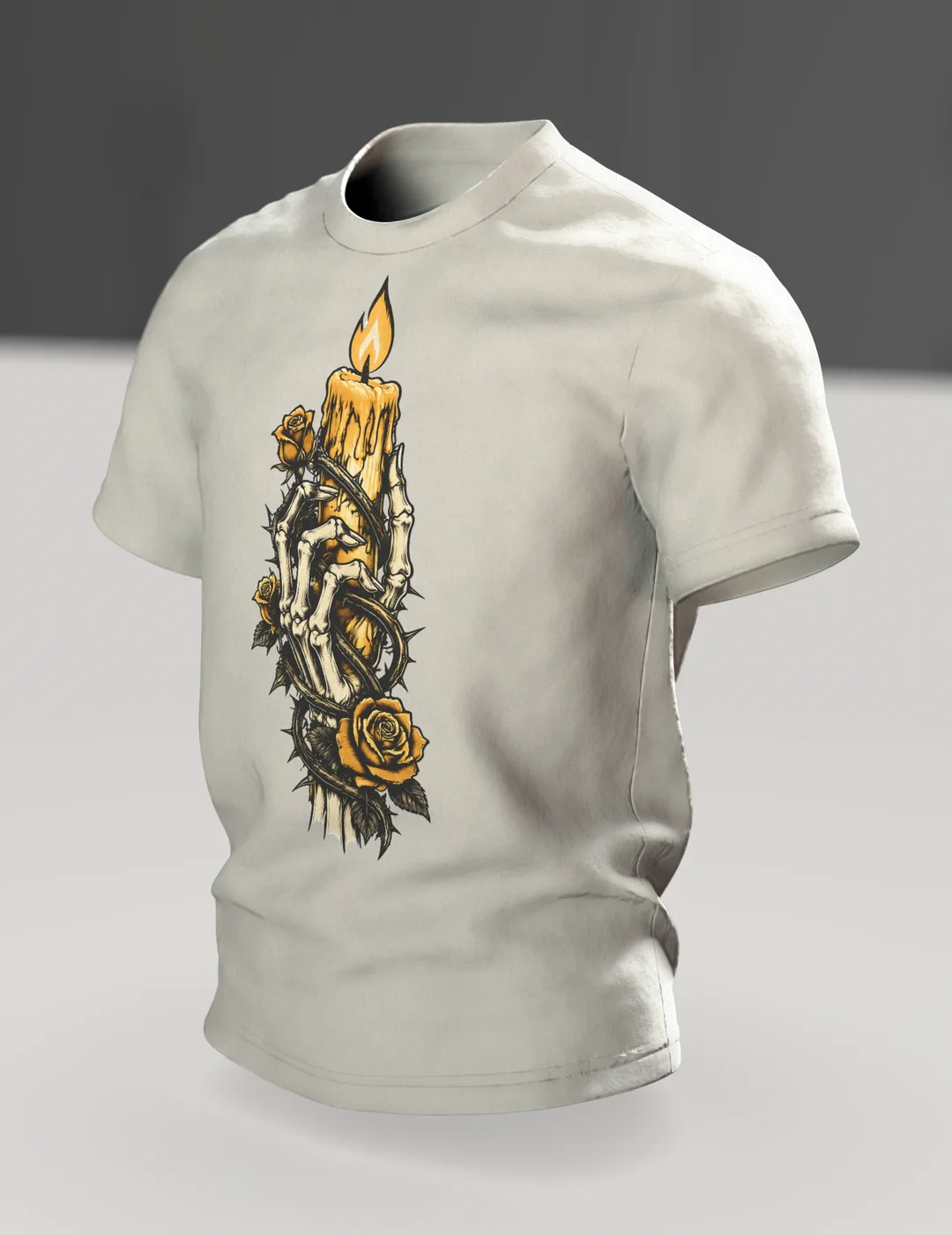 Skelett Hand mit Kerze und Rosen T-Shirt, Tattoo-Flash-Stil in Schwarz und Gold, Im Raum, schräg