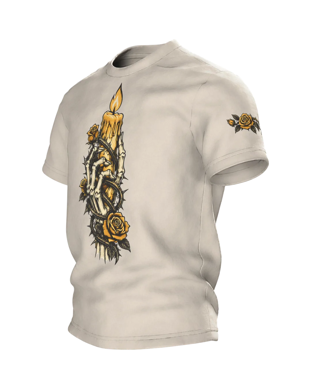 Skeleton Hand with Candle and Roses T-Shirt, Tattoo Flash Style in Black and Gold, Side view, right