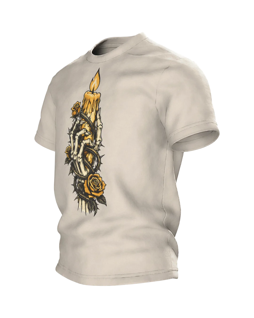 Skelett Hand mit Kerze und Rosen T-Shirt, Tattoo-Flash-Stil in Schwarz und Gold, Seitenansicht rechts