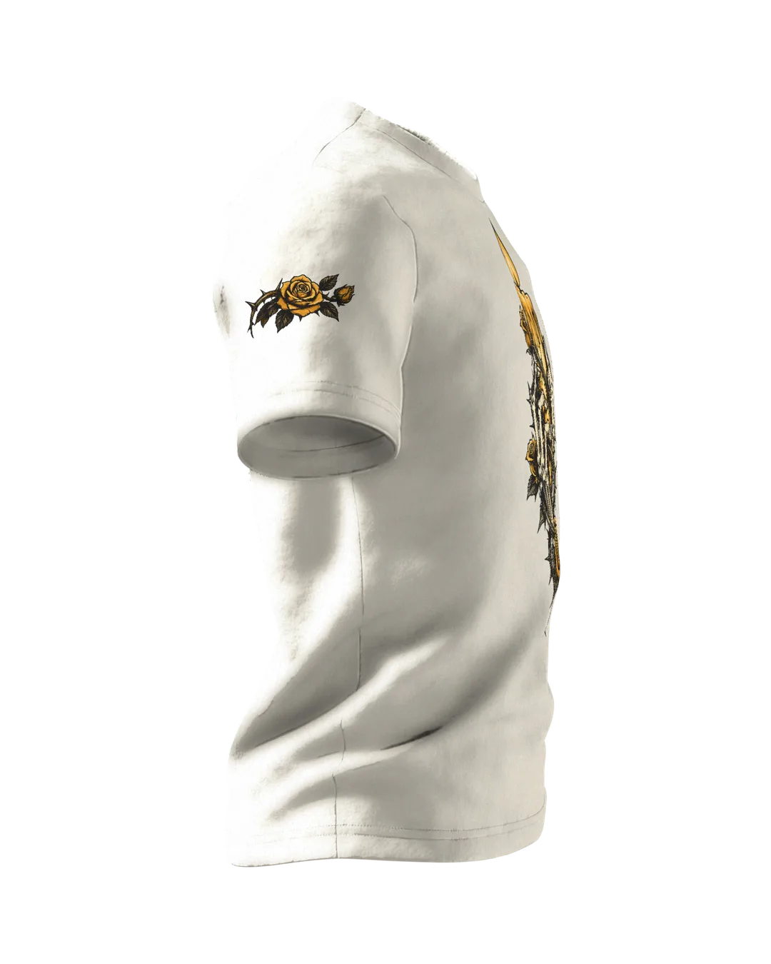 Skeleton Hand with Candle and Roses T-Shirt, Tattoo Flash Style in Black and Gold, Right sleeve