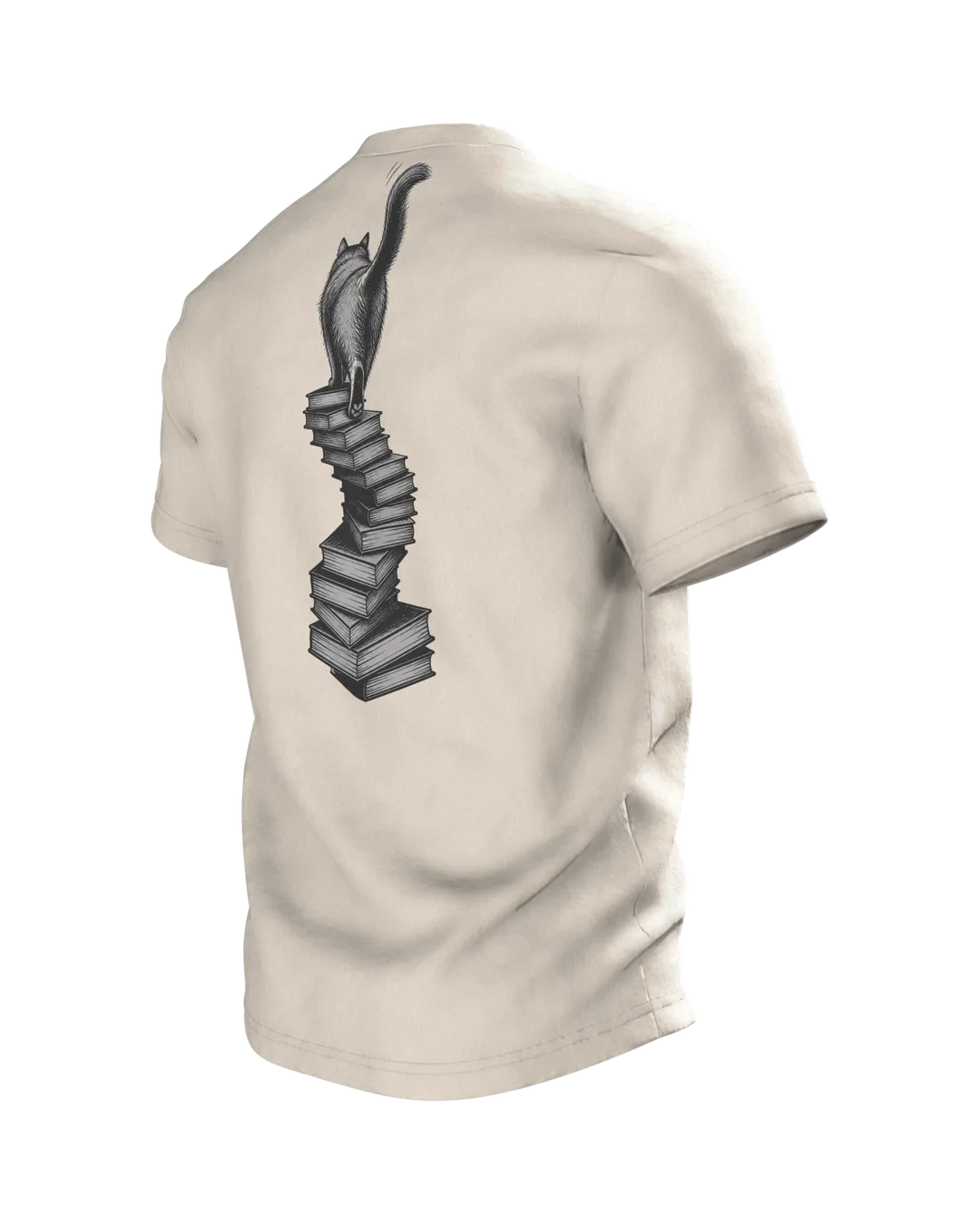 Katze mit Brille auf dem Bücherstapel T-Shirt, Vintage-Illustration in Sepia und Dunkelrot, Rückseite schräg links