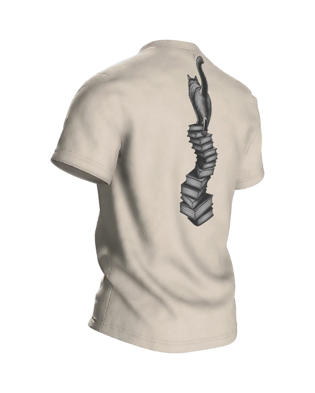 Katze mit Brille auf dem Bücherstapel T-Shirt, Vintage-Illustration in Sepia und Dunkelrot, Rückseite schräg rechts