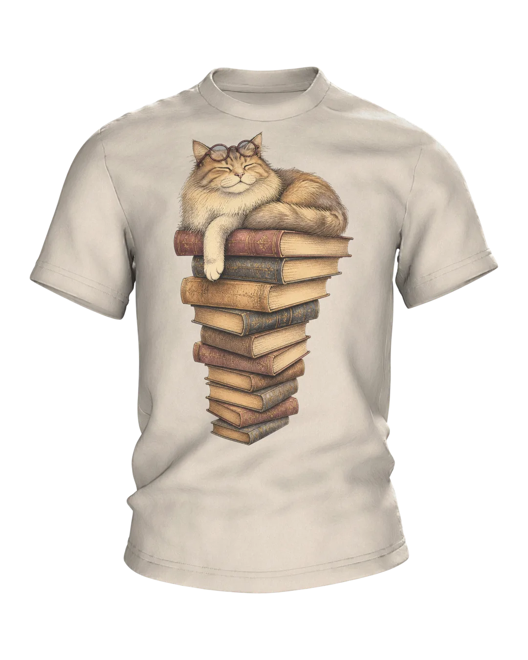Cat with Glasses on a Stack of Books T-Shirt, Vintage Illustration in Sepia and Dark Red