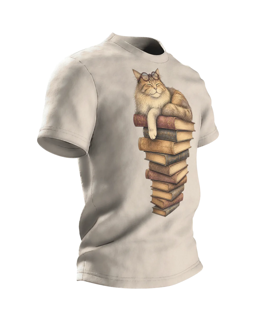Katze mit Brille auf dem Bücherstapel T-Shirt, Vintage-Illustration in Sepia und Dunkelrot, Seitenansicht links
