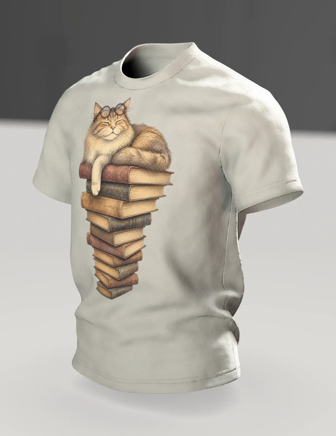 Katze mit Brille auf dem Bücherstapel T-Shirt, Vintage-Illustration in Sepia und Dunkelrot, Im Raum, schräg