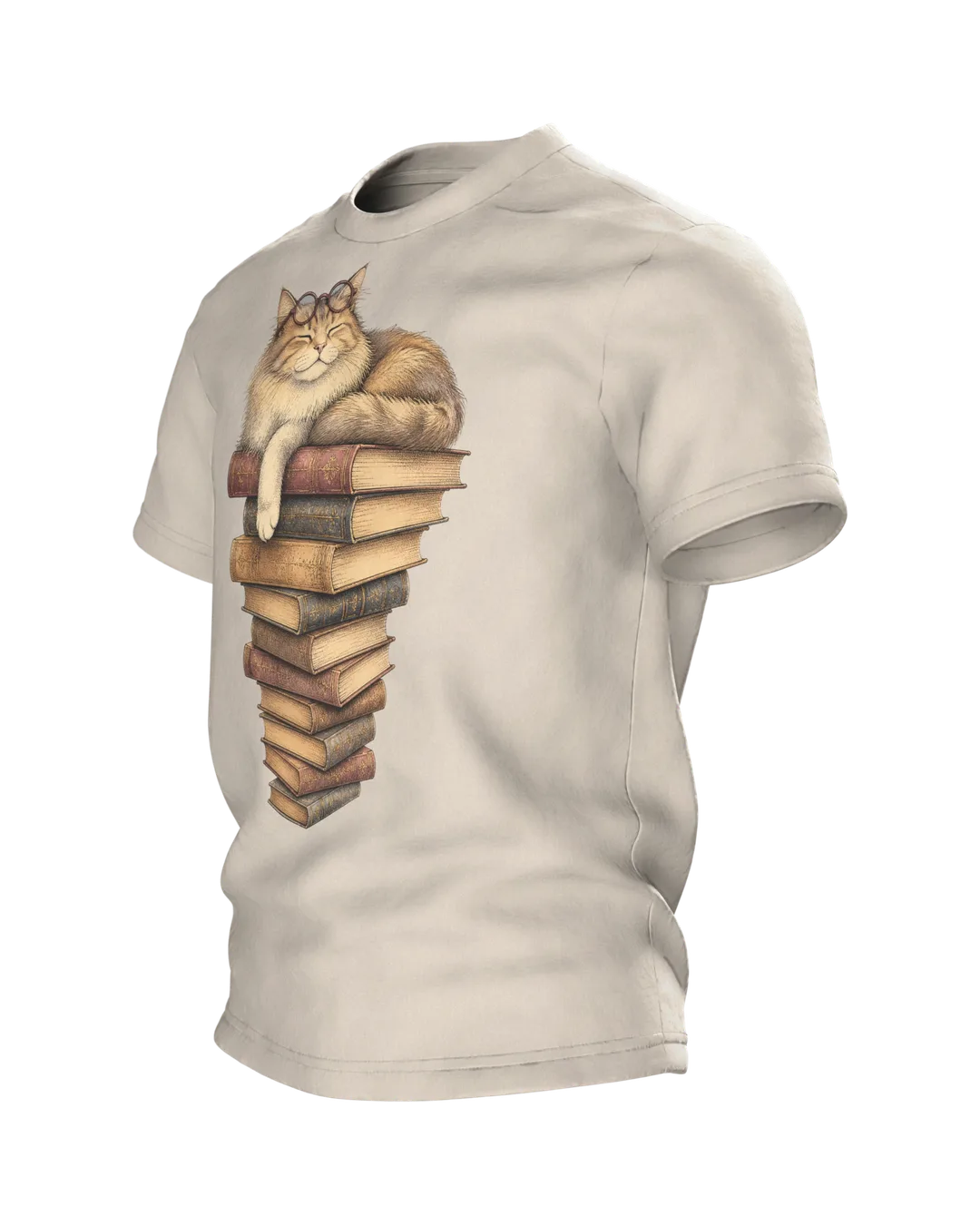 Katze mit Brille auf dem Bücherstapel T-Shirt, Vintage-Illustration in Sepia und Dunkelrot, Seitenansicht rechts
