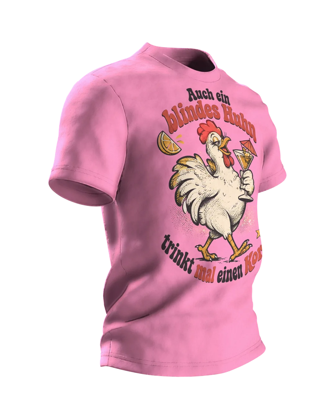 Auch ein blindes Huhn trinkt mal einen Korn T-Shirt: Retro-Huhn mit Cocktail, Saufspruch vorn, Rückenprint, Seitenansicht links