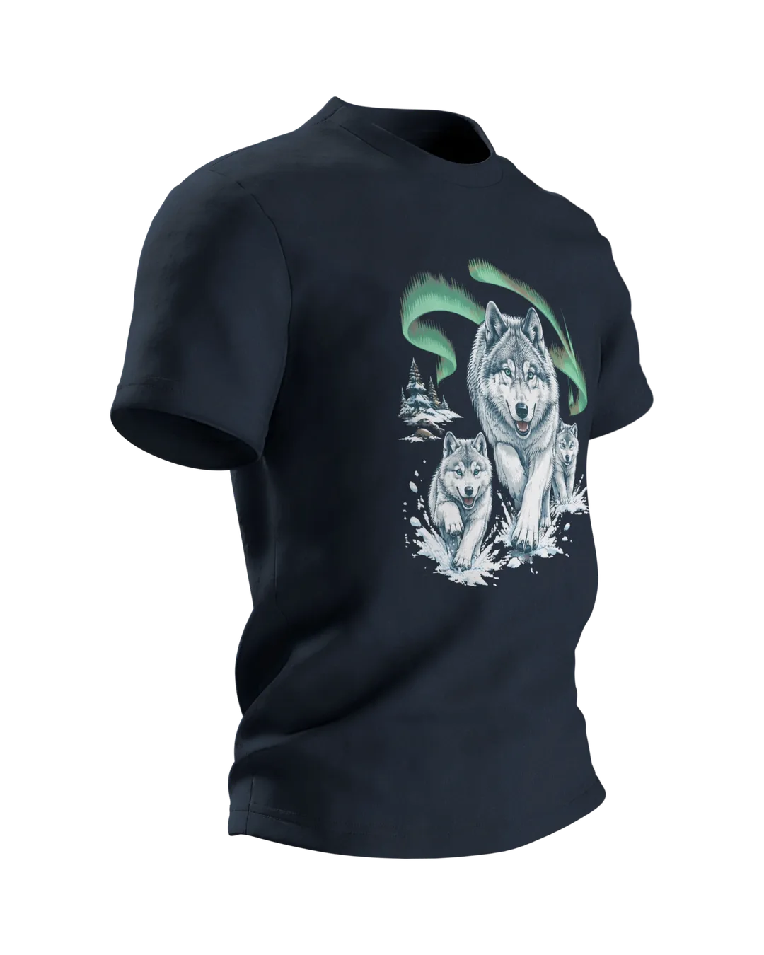 Wolf T-Shirt: Wolfsfamilie im Pulverschnee, Seitenansicht links