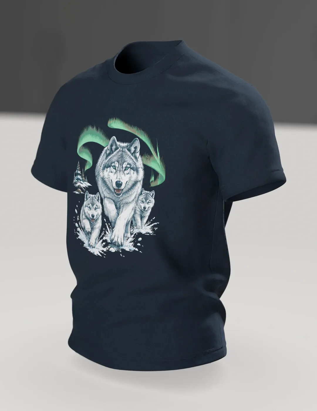 Wolf T-Shirt: Wolfsfamilie im Pulverschnee, Im Raum, schräg