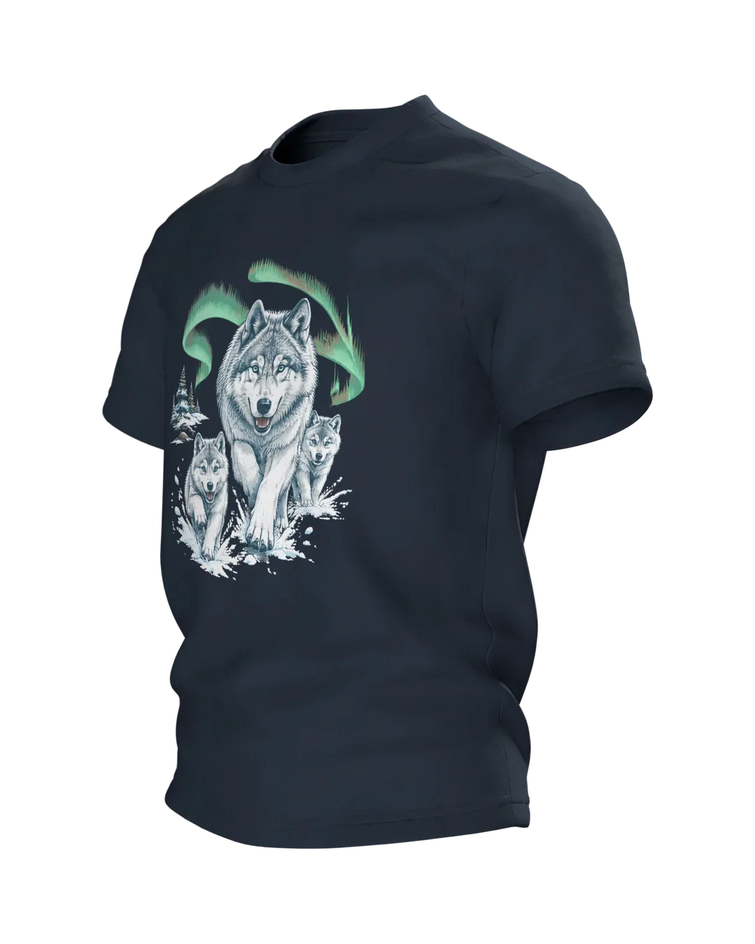 Wolf T-Shirt: Wolfsfamilie im Pulverschnee, Seitenansicht rechts