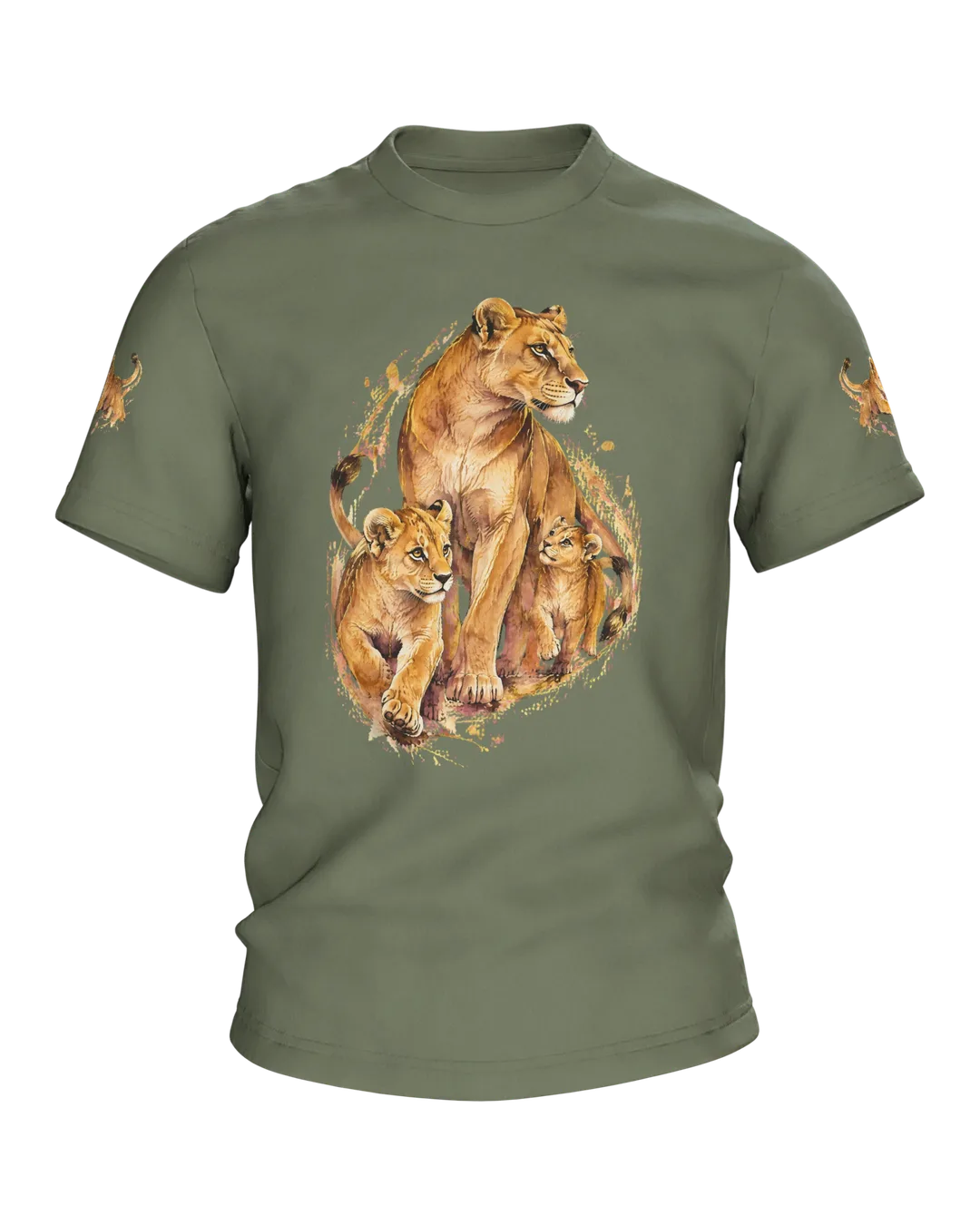 Mama Lion Shirt: Lioness with Two Cubs in Watercolor with Kintsugi Gold Lines, Gift for Mom