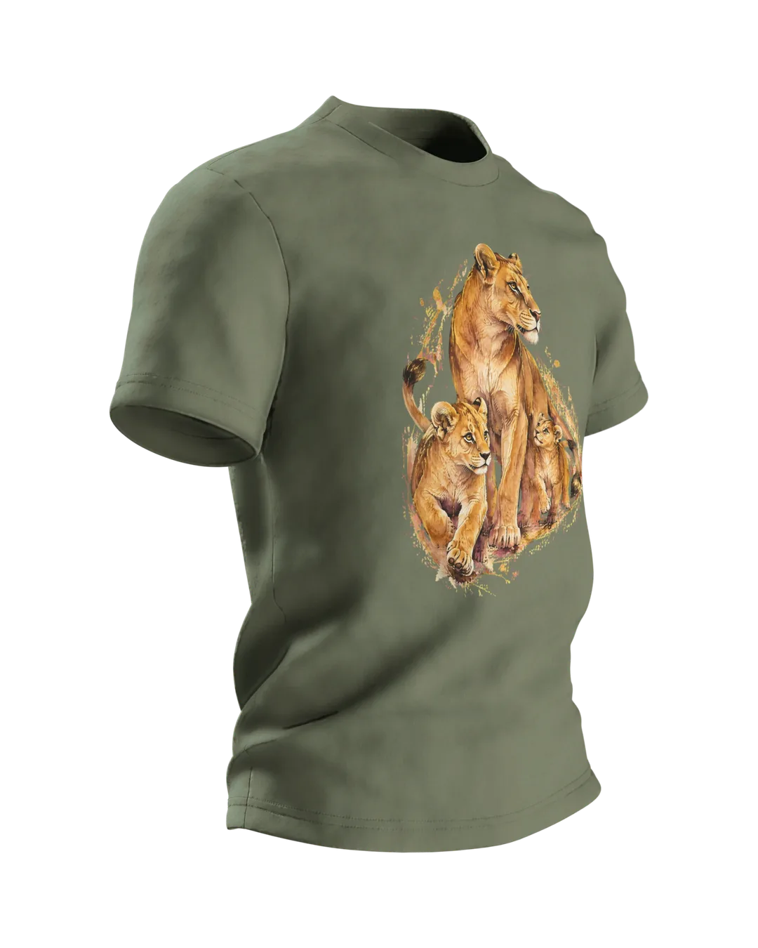Löwenmama T-Shirt: Löwin mit zwei Jungen als Aquarell mit Kintsugi-Goldlinien, Geschenk für Mama, Seitenansicht links