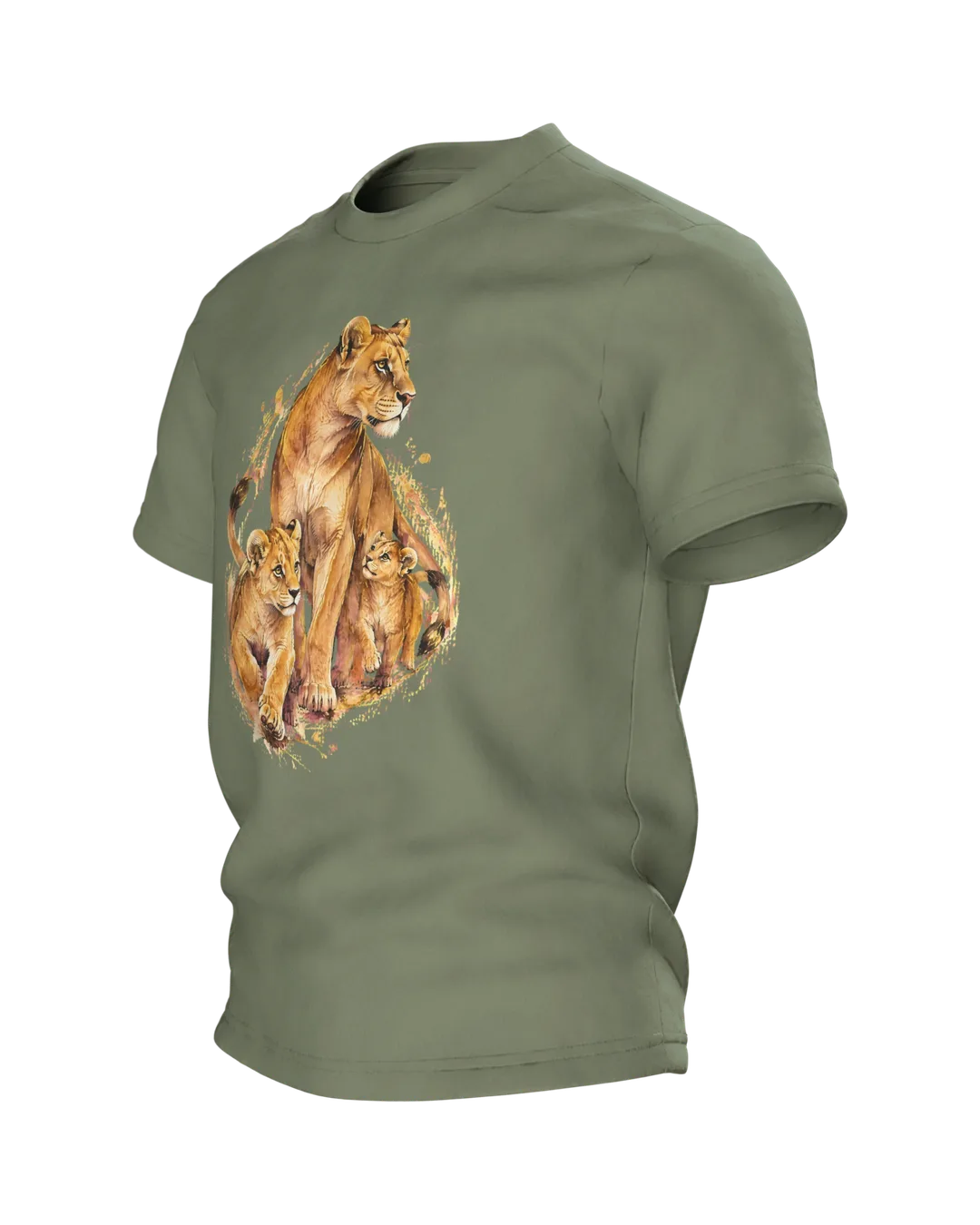 Löwenmama T-Shirt: Löwin mit zwei Jungen als Aquarell mit Kintsugi-Goldlinien, Geschenk für Mama, Seitenansicht rechts