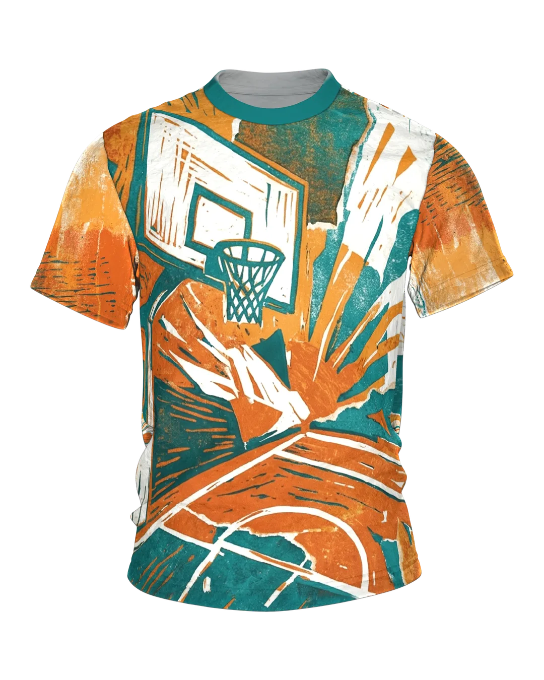 Basketball Dunk T-shirt in Linocut Style, Basketball Hoop from Below in Teal, Orange and Cream