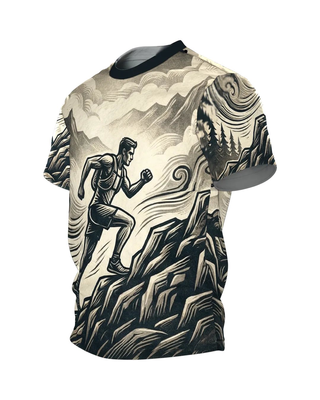Trail Runner T-shirt: Climb and Ridge Path in Woodcut, Side view, right