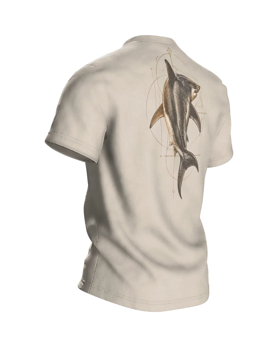 Weißer Hai T-Shirt: wissenschaftliche Hai-Studie im Vintage-Naturkunde-Stil, Rückseite schräg rechts