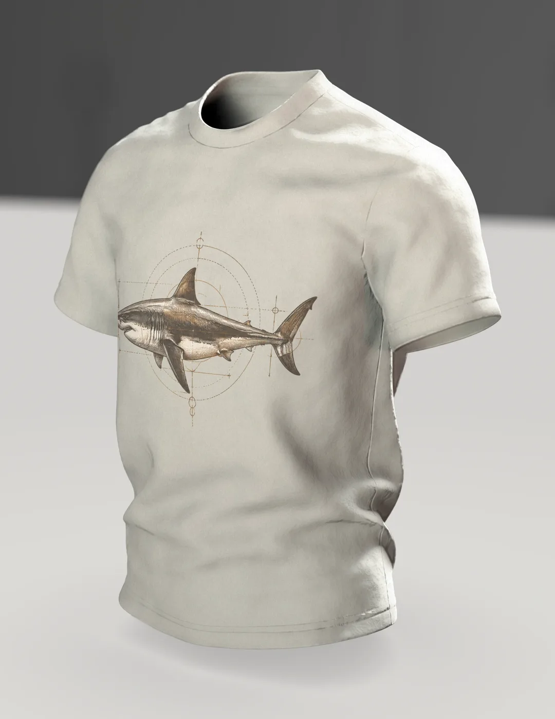 Weißer Hai T-Shirt: wissenschaftliche Hai-Studie im Vintage-Naturkunde-Stil, Im Raum, schräg
