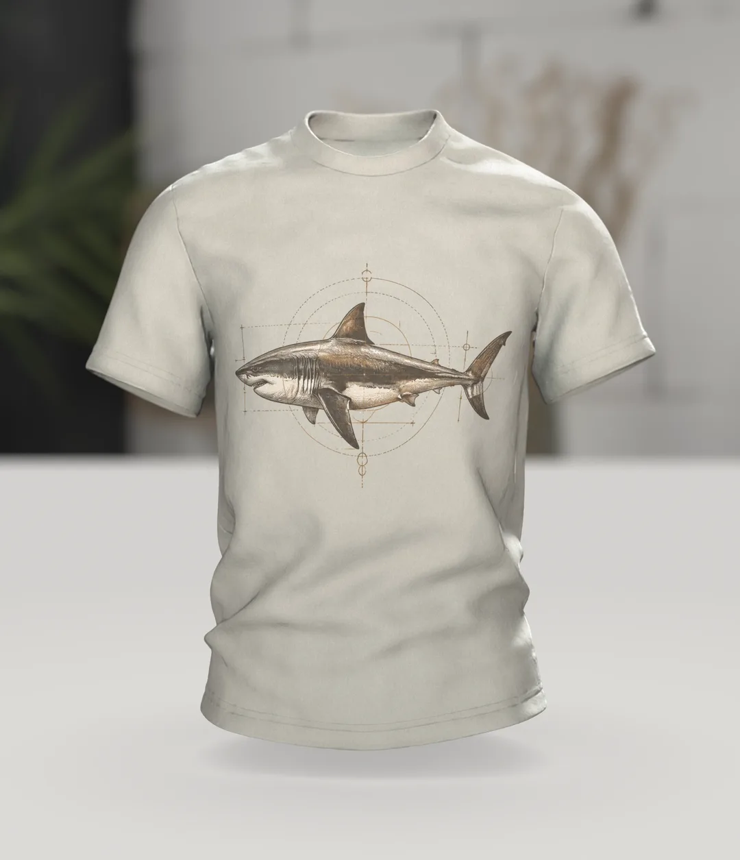 Weißer Hai T-Shirt: wissenschaftliche Hai-Studie im Vintage-Naturkunde-Stil, Im Raum