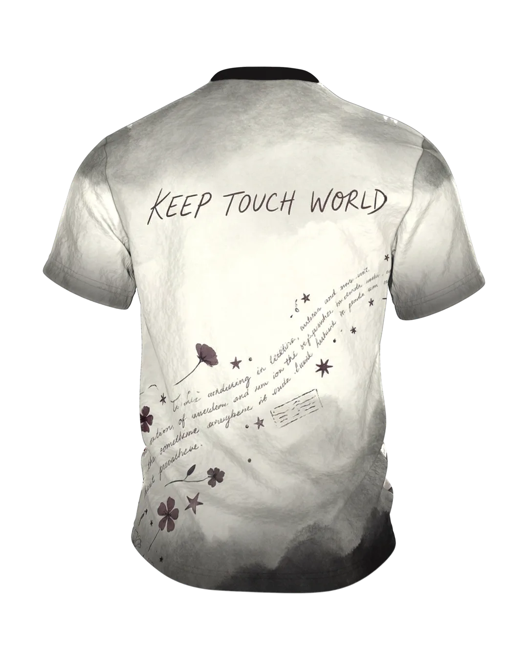 Vintage Wachssiegel T-Shirt „Letter From Elsewhere“, offener Umschlag mit Ankersiegel, Keep Touch World am Rücken, Rückseite