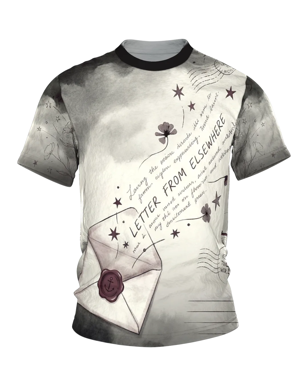 Vintage Wax Seal T-shirt "Letter From Elsewhere", Open Envelope with Anchor Seal, Keep Touch World on the Back