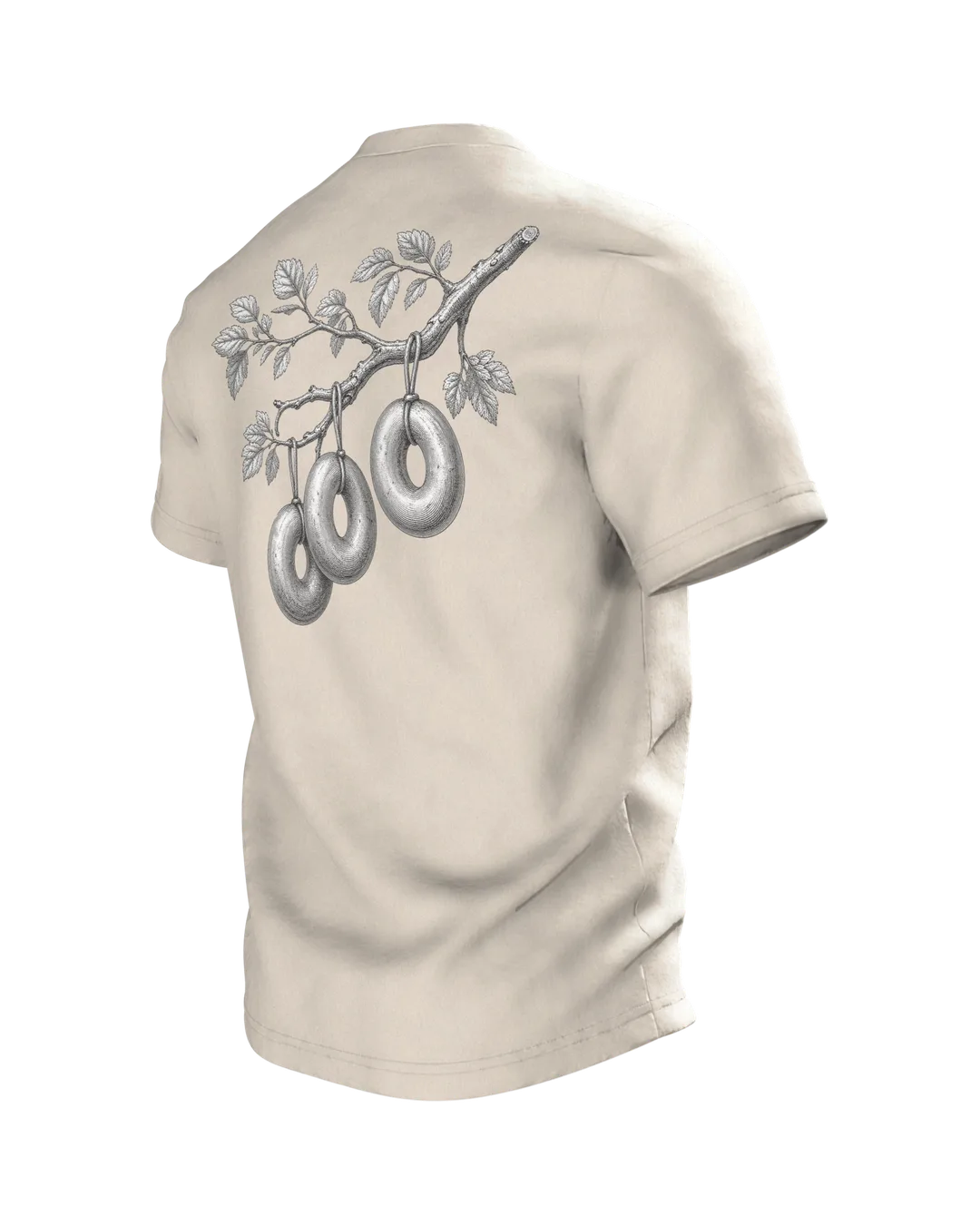Wurstbaum Stich T-Shirt, botanische Gravur mit Wurst-Ästen in Schwarzweiß, Rückseite schräg links