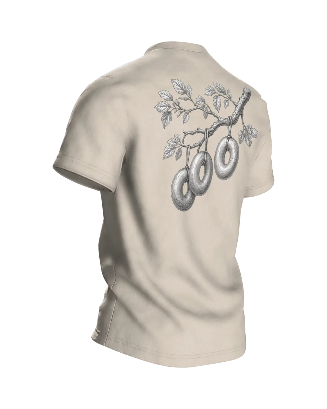 Wurstbaum Stich T-Shirt, botanische Gravur mit Wurst-Ästen in Schwarzweiß, Rückseite schräg rechts