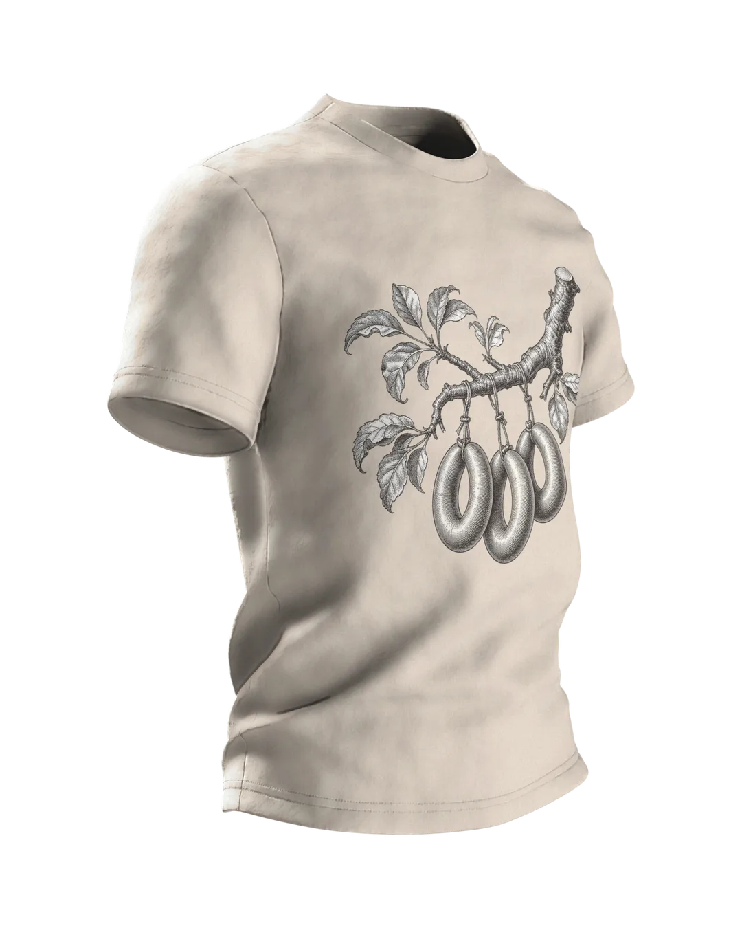 Wurstbaum Stich T-Shirt, botanische Gravur mit Wurst-Ästen in Schwarzweiß, Seitenansicht links