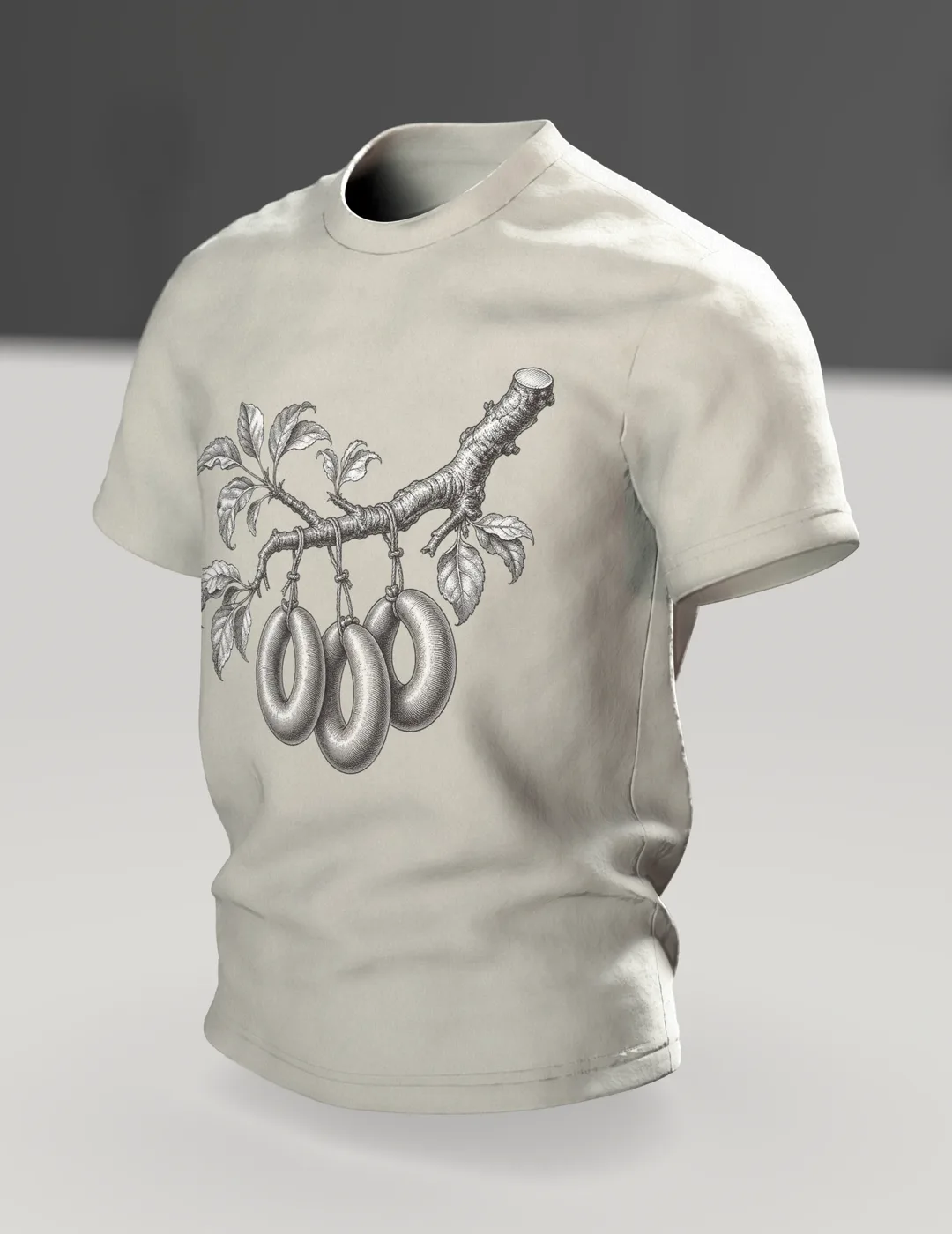 Wurstbaum Stich T-Shirt, botanische Gravur mit Wurst-Ästen in Schwarzweiß, Im Raum, schräg