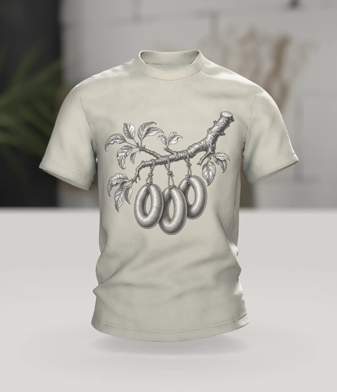 Wurstbaum Stich T-Shirt, botanische Gravur mit Wurst-Ästen in Schwarzweiß, Im Raum