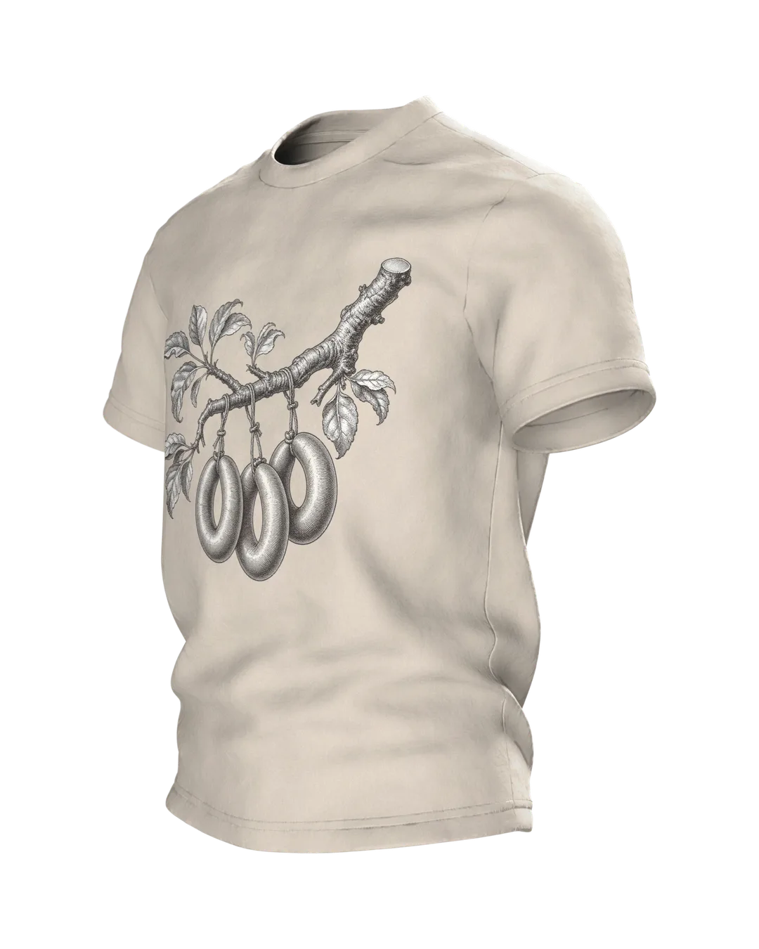 Wurstbaum Stich T-Shirt, botanische Gravur mit Wurst-Ästen in Schwarzweiß, Seitenansicht rechts