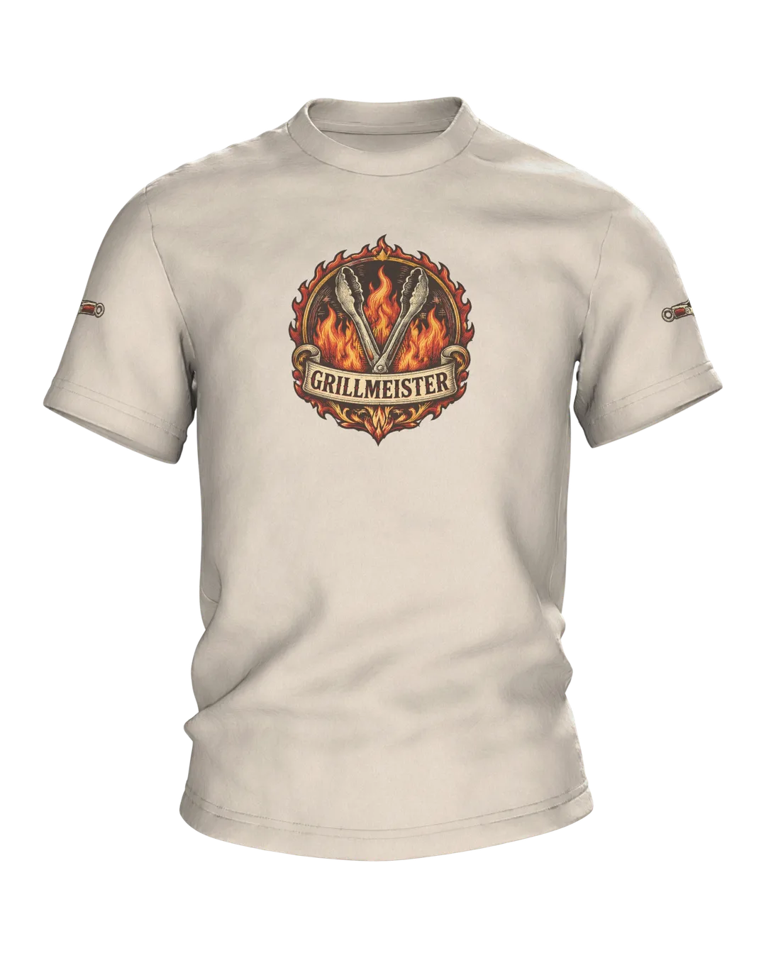 BBQ Shirt: Open Grill Tongs in a Ring of Flames on Front, Crossed Tongs with Red Handles on Back, Retro Crest