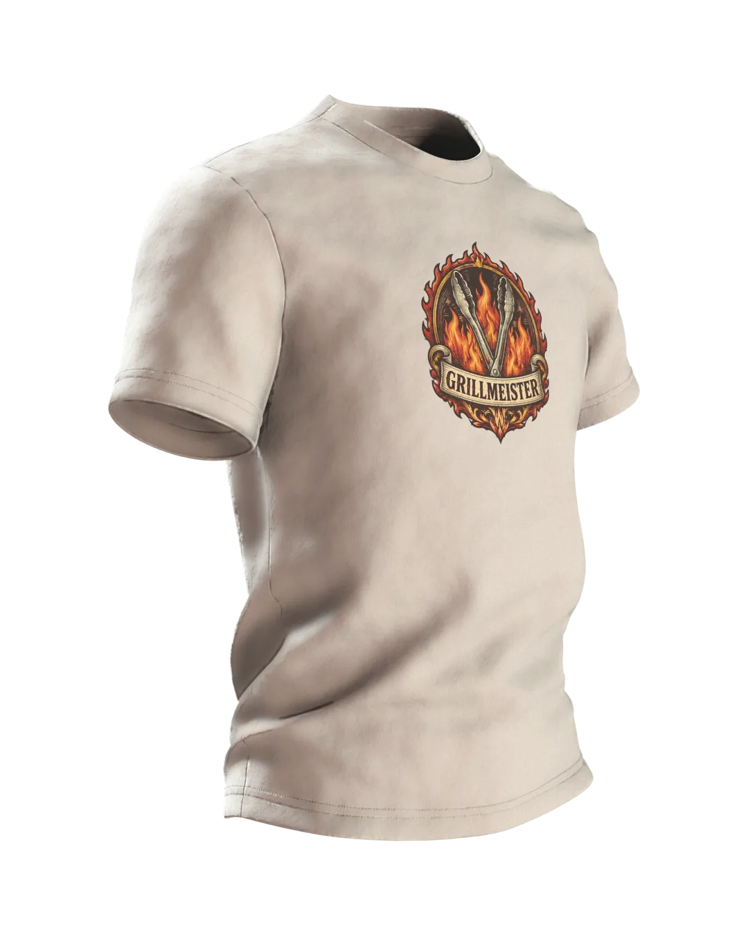 BBQ Shirt: Open Grill Tongs in a Ring of Flames on Front, Crossed Tongs with Red Handles on Back, Retro Crest, Side view, left