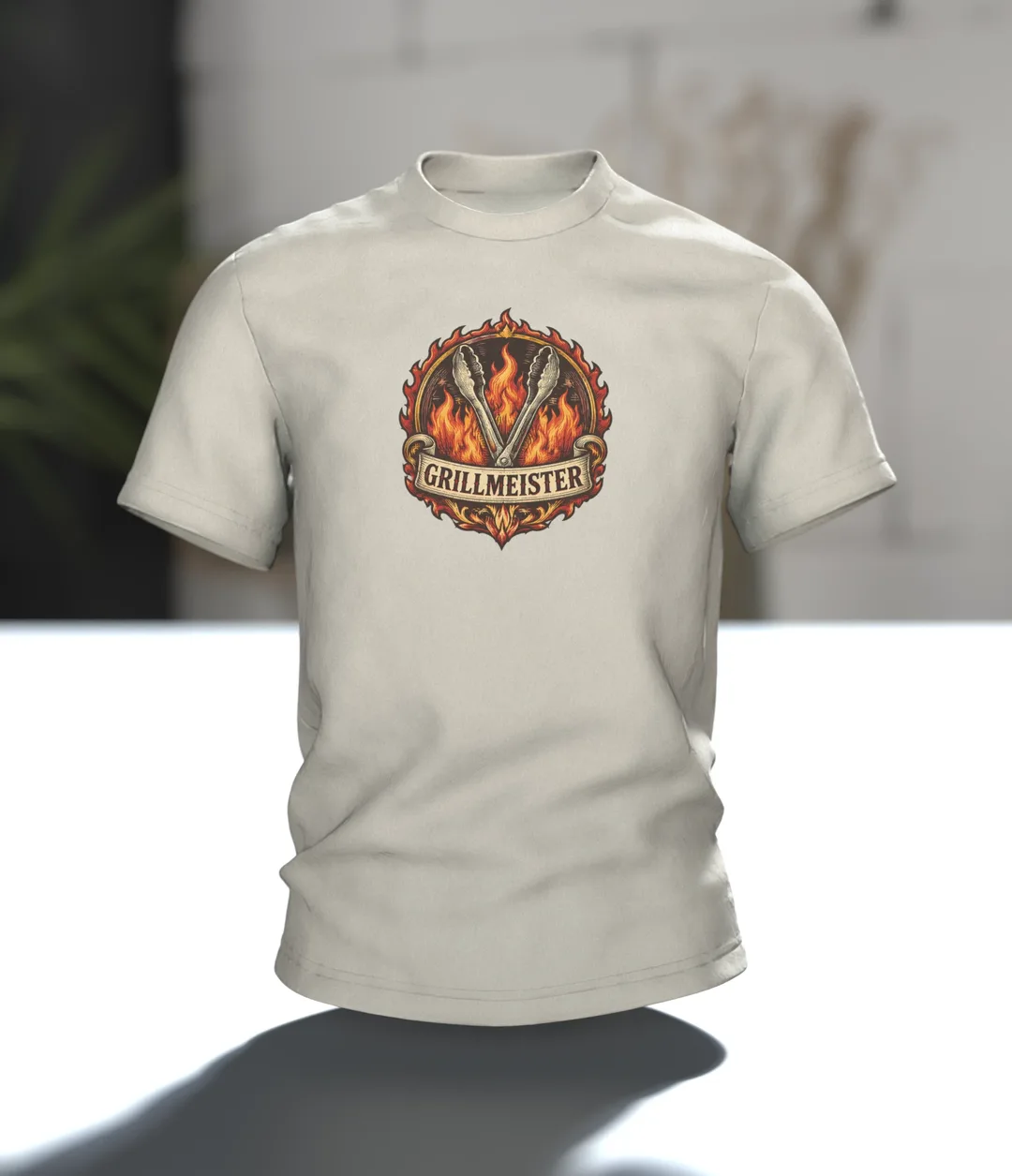 BBQ Shirt: Open Grill Tongs in a Ring of Flames on Front, Crossed Tongs with Red Handles on Back, Retro Crest, In context