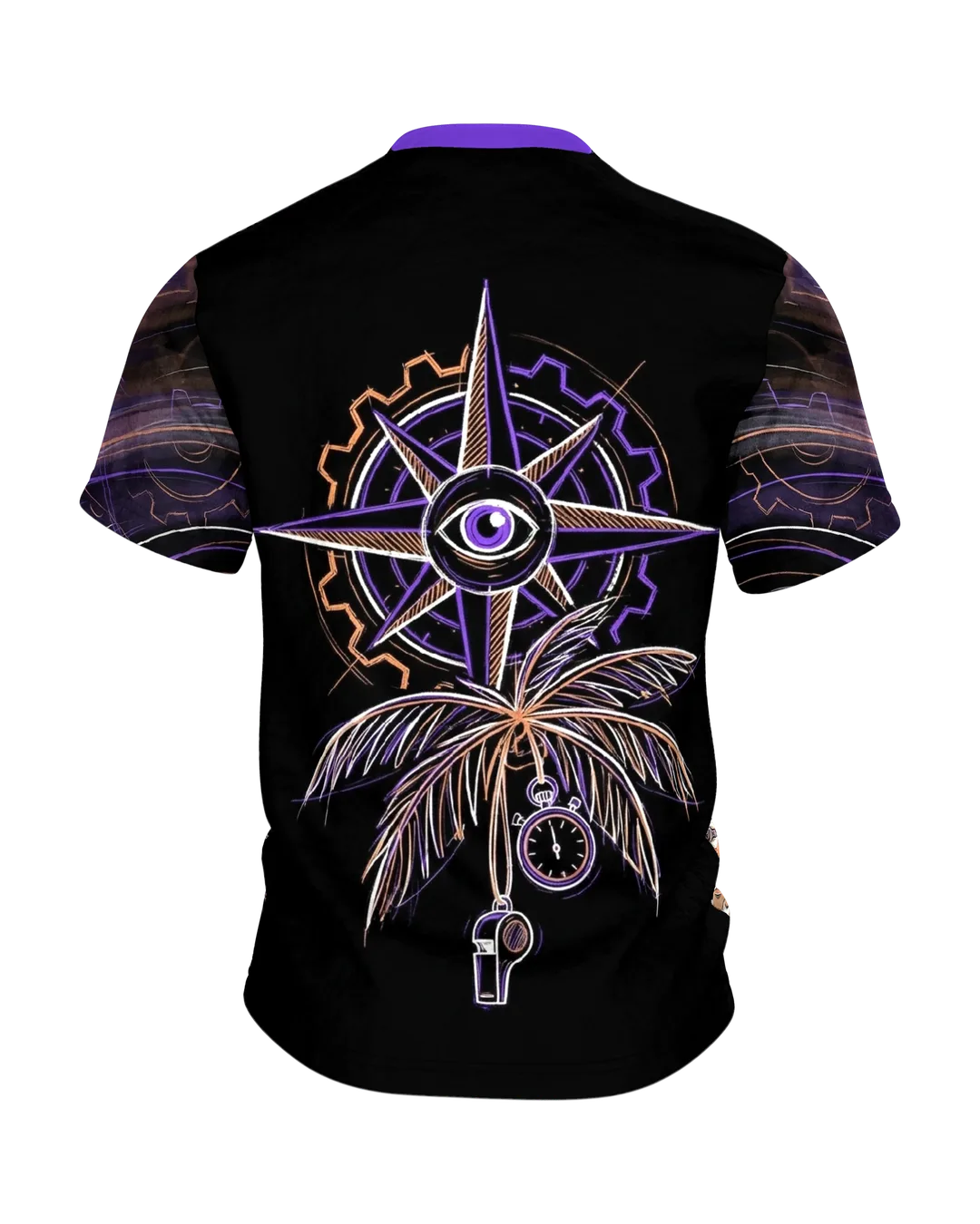 Steampunk Palm T-shirt, machine palm with binoculars in neon on black, Back