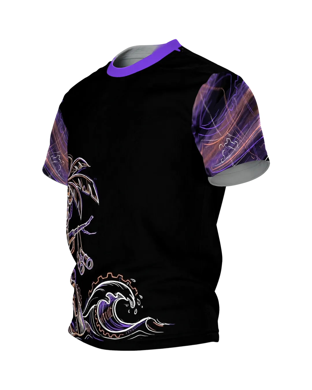 Steampunk Palm T-shirt, machine palm with binoculars in neon on black, Side view, right