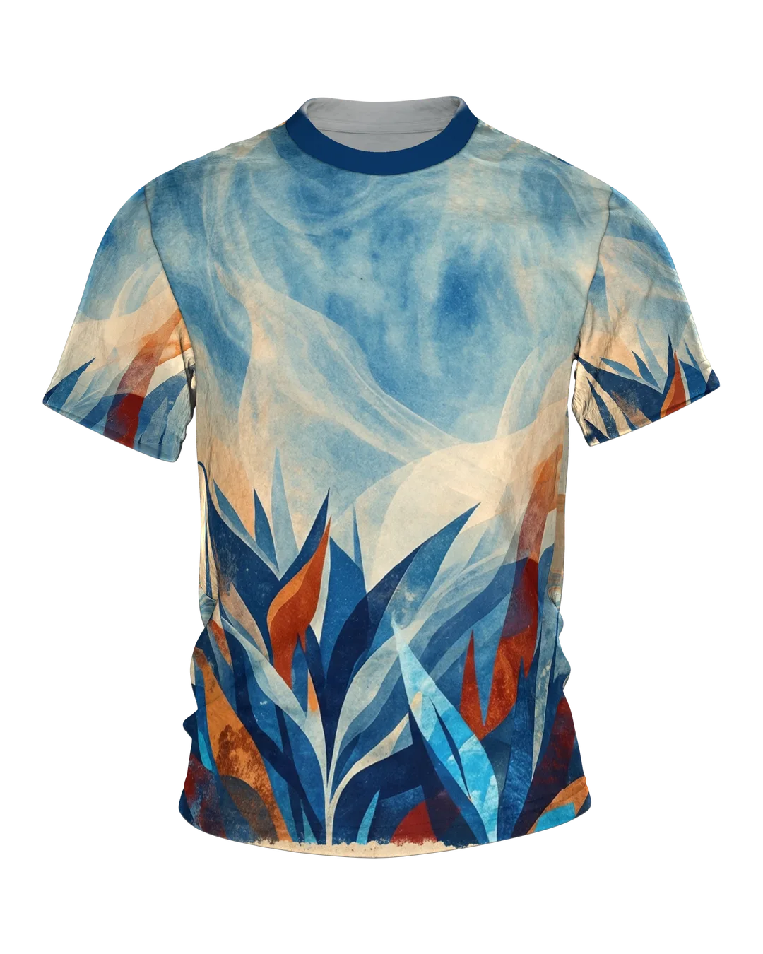 Paper-Cut Botanical T-shirt, cut leaf tips against a watercolor sky in navy blue and copper