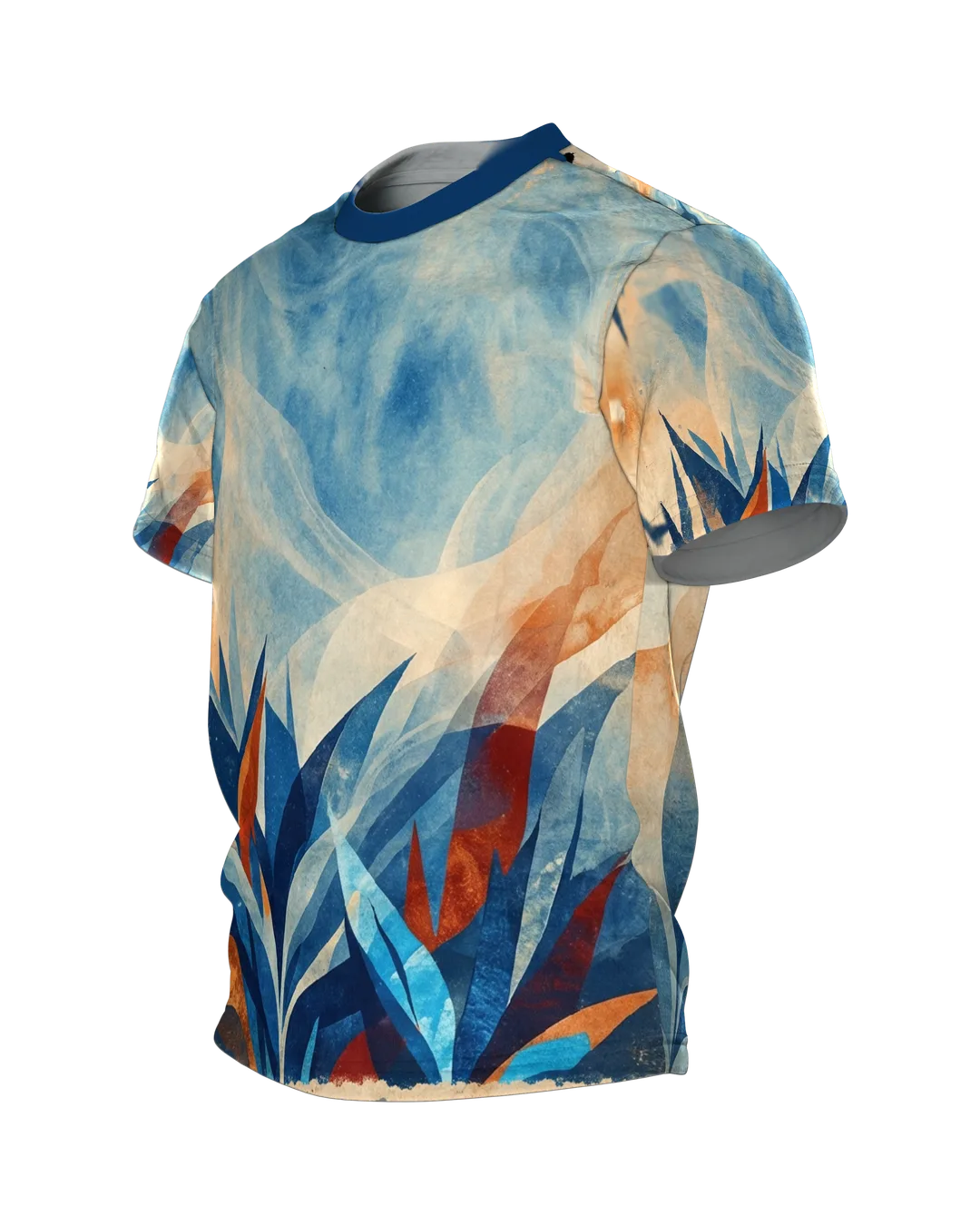 Paper-Cut Botanical T-shirt, cut leaf tips against a watercolor sky in navy blue and copper, Side view, right