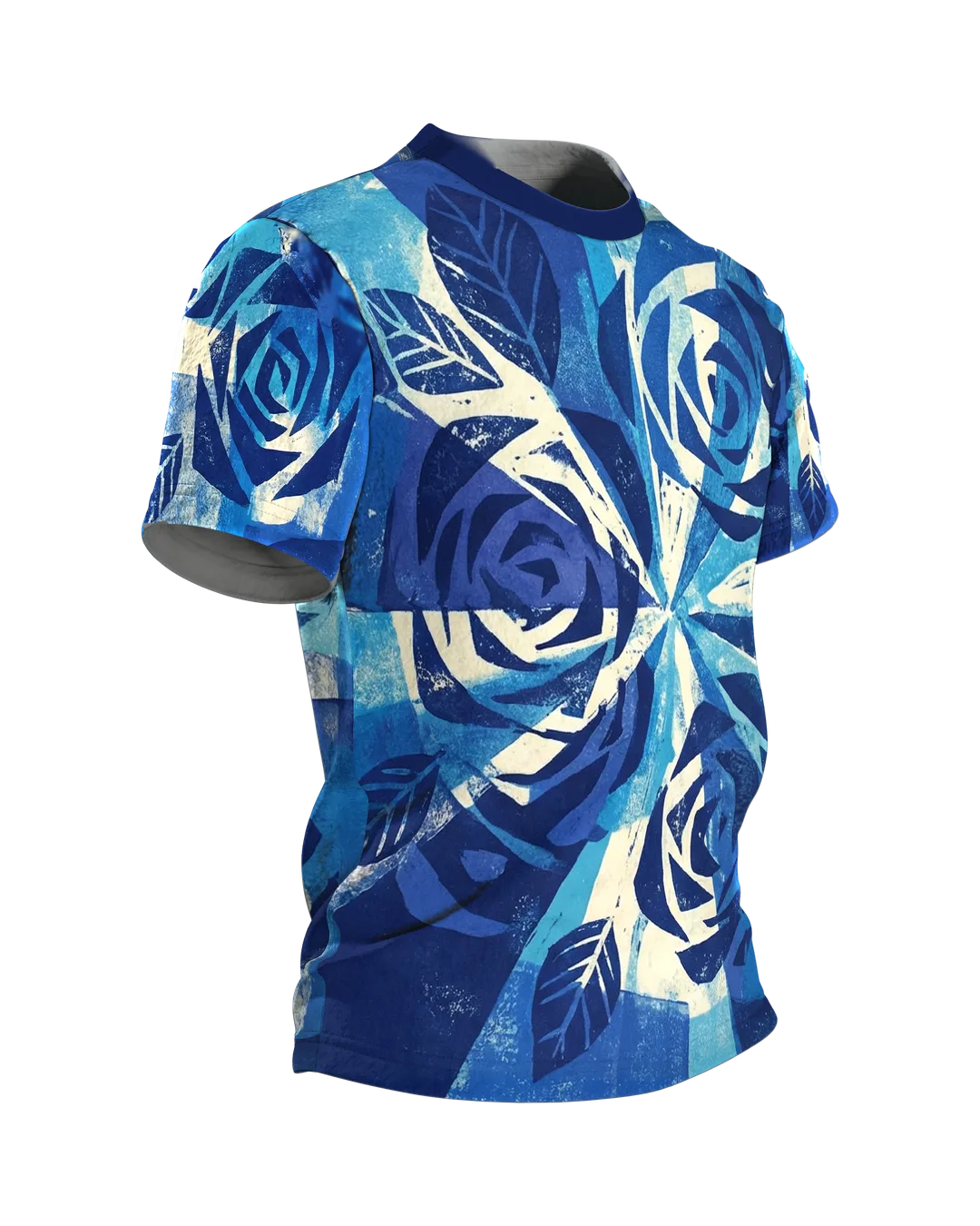 Radial Strahlen T-Shirt: Blaue Rosen im Linoldruck, Seitenansicht links