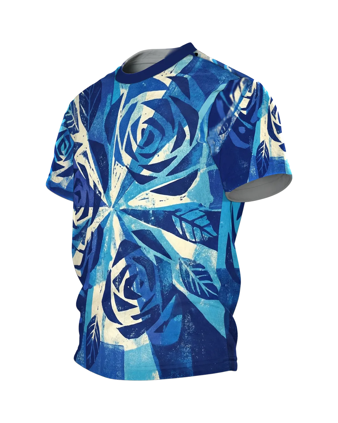 Radial Strahlen T-Shirt: Blaue Rosen im Linoldruck, Seitenansicht rechts