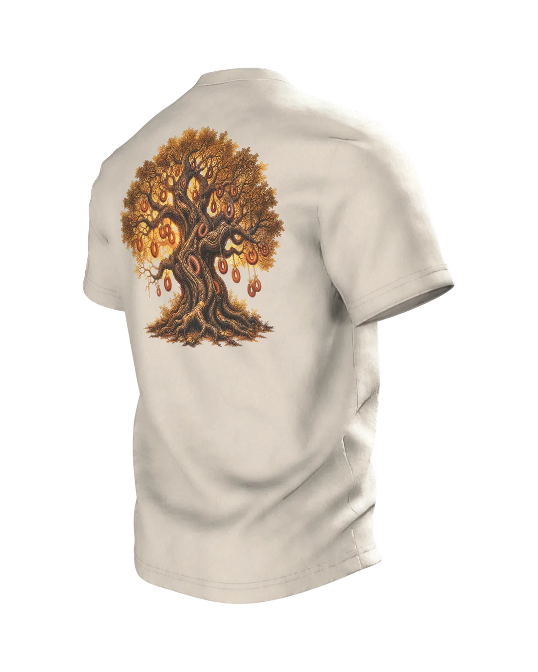 Wurstbaum Eiche T-Shirt, Fantasy-Märchenbaum mit Wurstkränzen im Goldlicht, Rückseite schräg links
