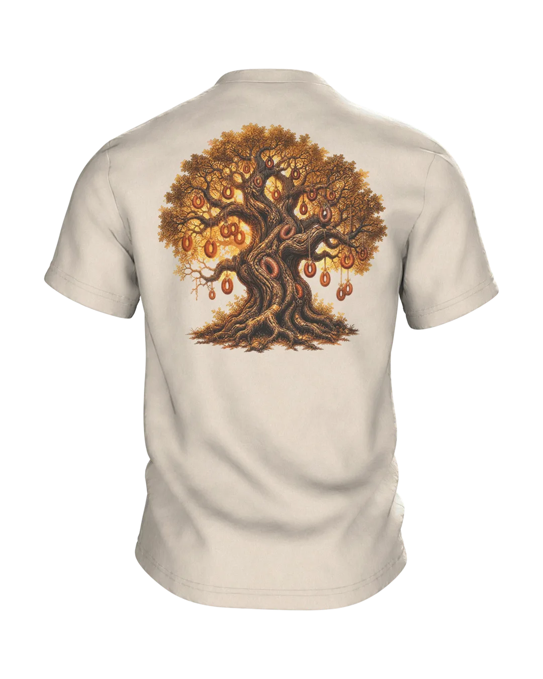 Wurstbaum Eiche T-Shirt, Fantasy-Märchenbaum mit Wurstkränzen im Goldlicht, Rückseite