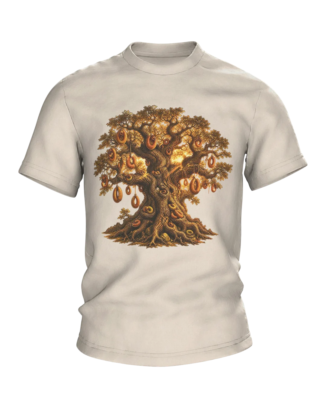 Sausage Tree Oak T-shirt, Fantasy Fairy Tale Tree with Sausage Wreaths in Golden Light