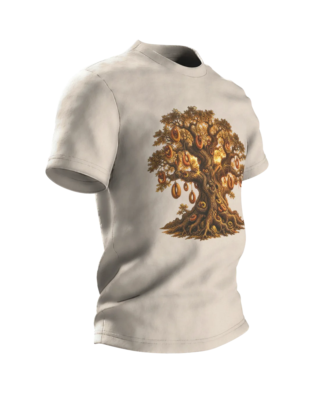 Wurstbaum Eiche T-Shirt, Fantasy-Märchenbaum mit Wurstkränzen im Goldlicht, Seitenansicht links