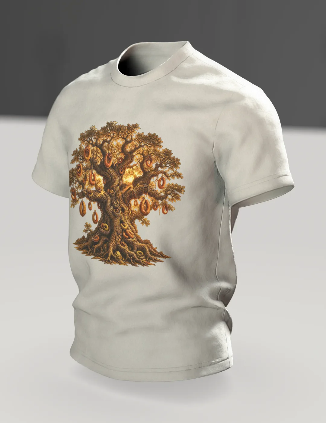 Wurstbaum Eiche T-Shirt, Fantasy-Märchenbaum mit Wurstkränzen im Goldlicht, Im Raum, schräg