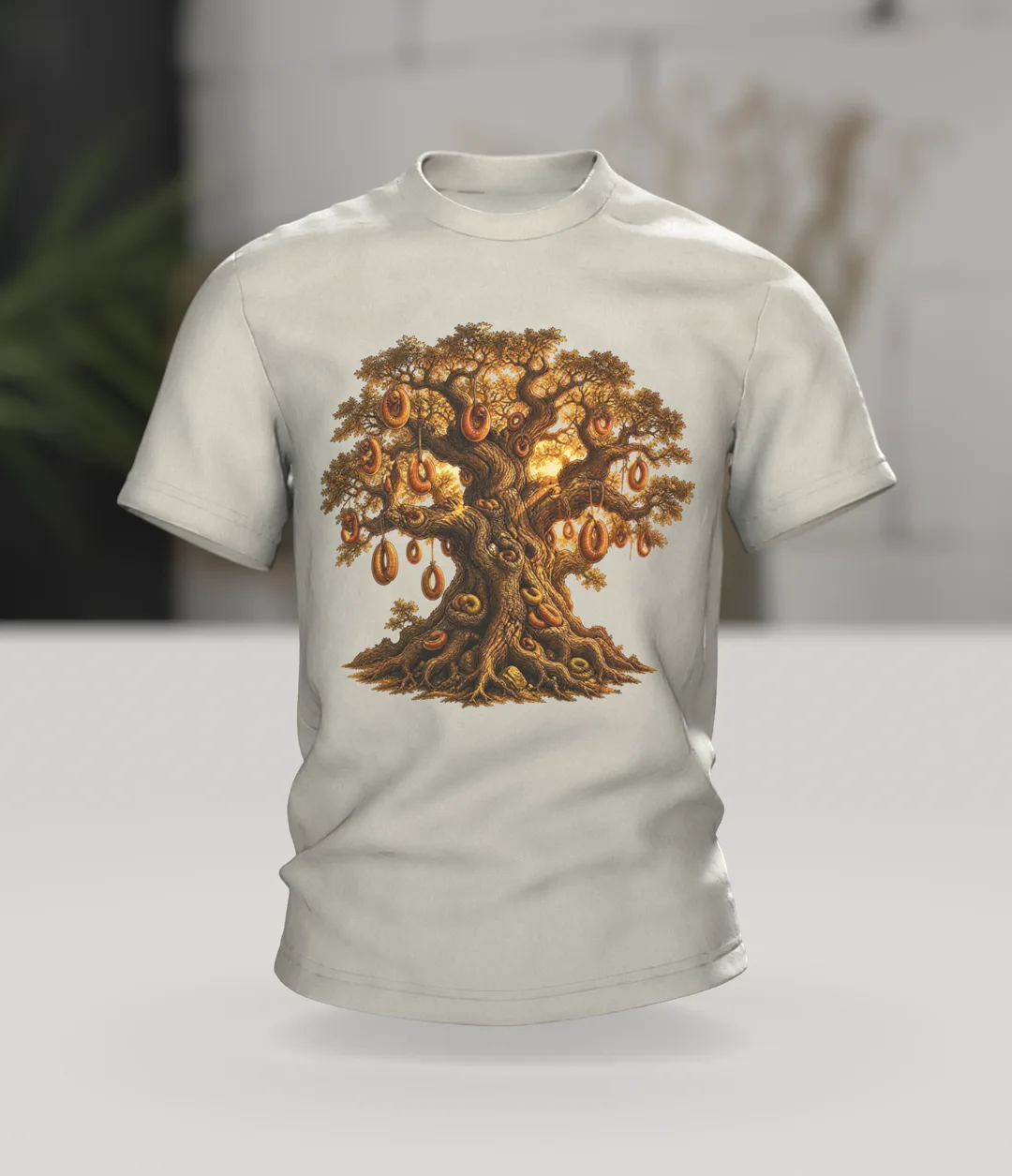 Wurstbaum Eiche T-Shirt, Fantasy-Märchenbaum mit Wurstkränzen im Goldlicht, Im Raum
