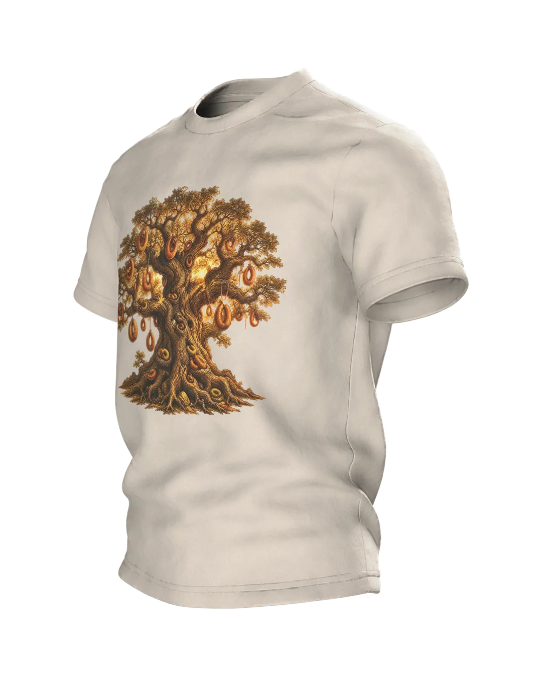 Wurstbaum Eiche T-Shirt, Fantasy-Märchenbaum mit Wurstkränzen im Goldlicht, Seitenansicht rechts